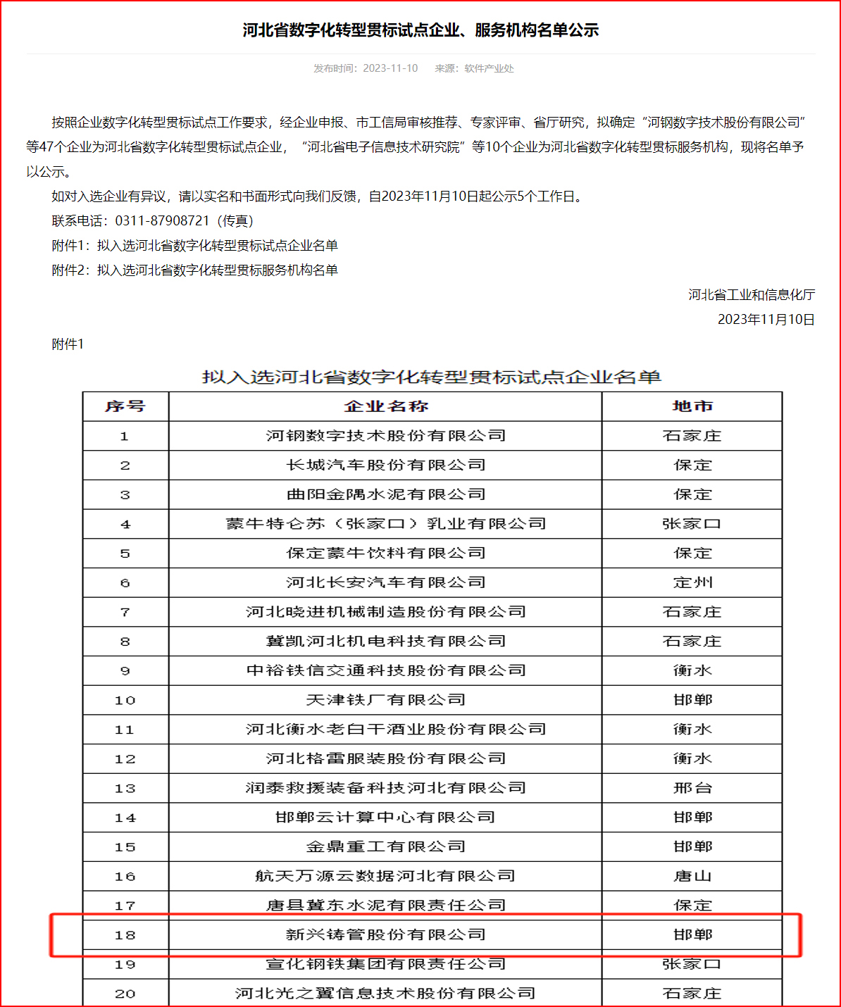  新兴铸管入选《河北省数字化转型贯标试点企业名单》